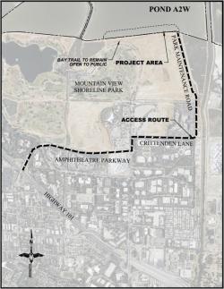 Trucks drive through Mountain View Shoreline Park and past the Bay Trail