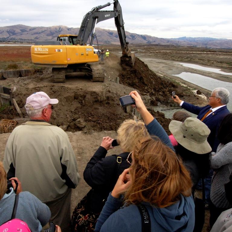 The crowd snaps photos as the excavator digs away to open Alviso Pond A17 to Bay tides. Credit: Judy Irving, Pelican Media.