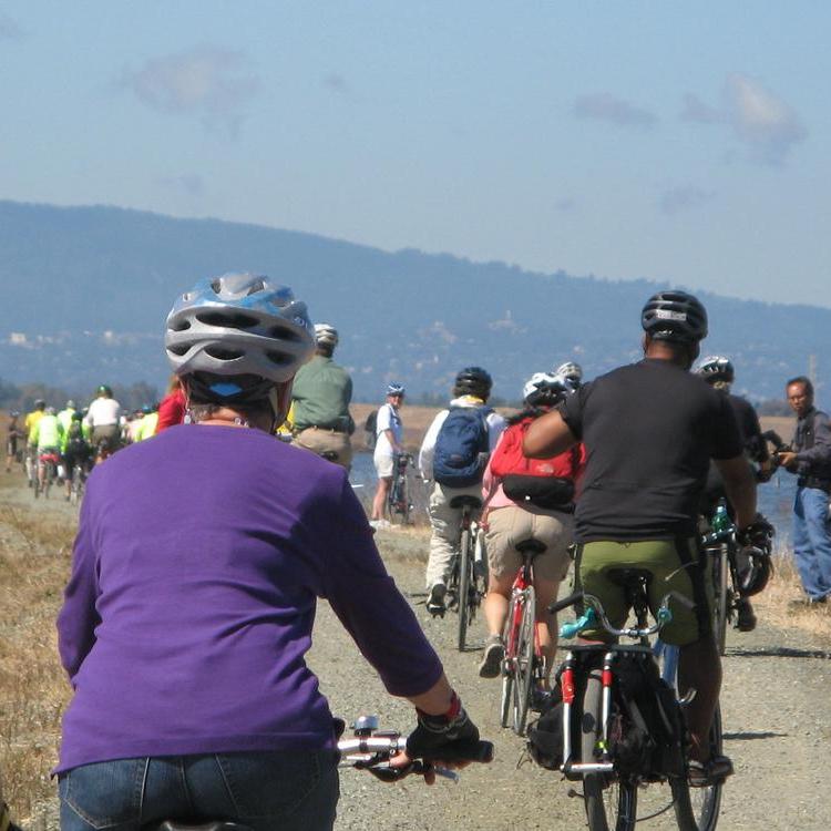 Bicyclists celebrate the opening of the Moffett Field stretch of the Bay Trail.
