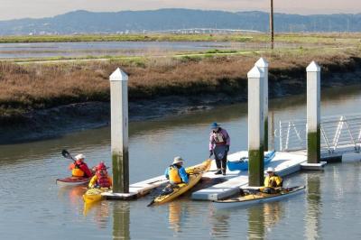 Kayakers at the new Eden Landing kayak launch. Credit: Judy Irving,  Pelican Media