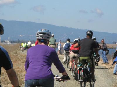 Bicyclists celebrate the opening of the Moffett Field stretch of the Bay Trail.