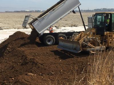Dirt is delivered and smoothed at Ravenswood Pond R4, which will become salt marsh with an upland habitat bordering Menlo Park's Bedwell Bayfront Park.