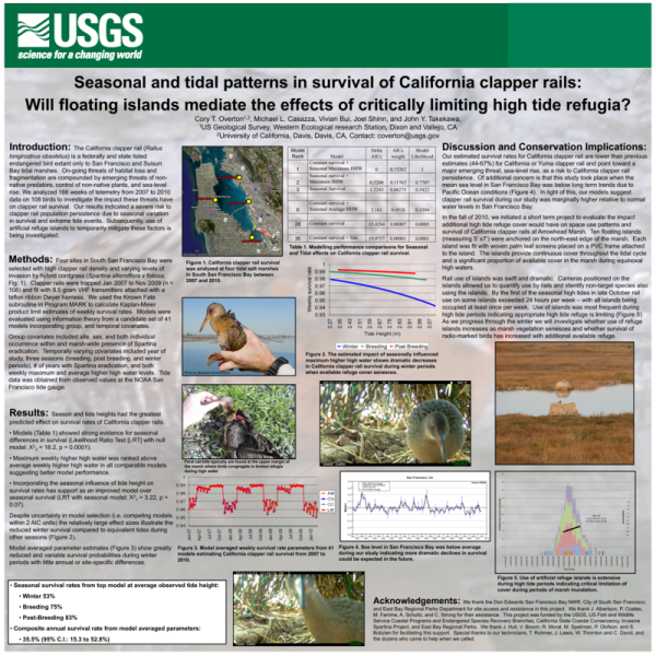 Seasonal and tidal patterns in survival of California clapper rails: Will floating islands mediate the effects of critically limiting high tide refugia? (Poster Thumbnail)