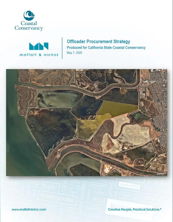 Cover of Eden Landing Offloader Procurement Strategy; aerial photo of southern Eden Landing Ecological Reserve.
