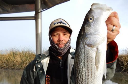 Levi Lewis with striped bass. Credit: James Ervin