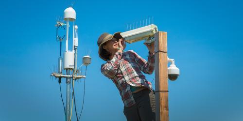 CSUEB Professor Patty Oikawa at Eddy Covariance Flux Tower, Eden Landing