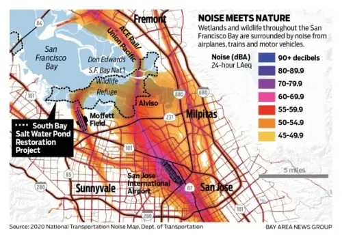 Map of noise impacts to SBSPR. Credit: Bay Area News Group
