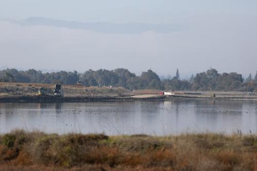 Pond A1 in December 2025 with trucks bringing dirt for construction. Credit: Magali Gauthier