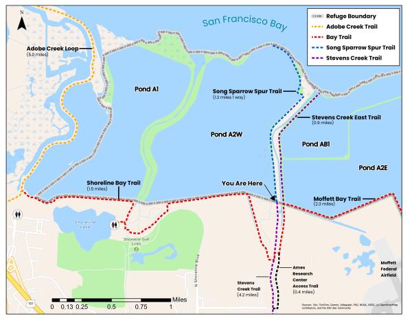 Map of Song Sparrow Spur Trail and other Mountain View ponds trails