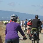 Bicyclists celebrate the opening of the Moffett Field stretch of the Bay Trail.
